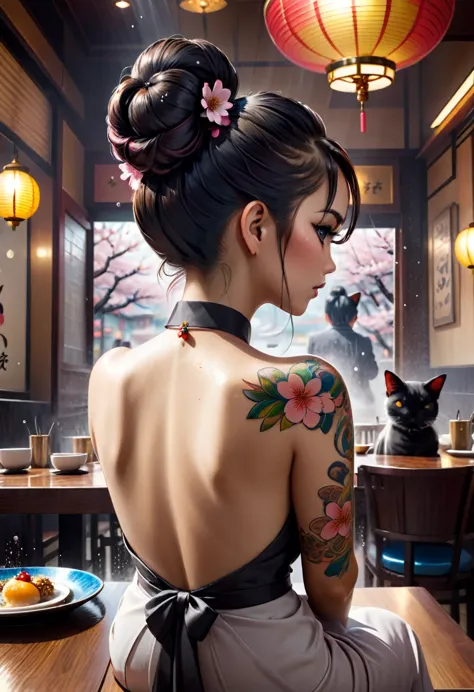 cinematic, dramatic, extremely detailed, seen from the back, a girl, mafia boss, reserved manner, very elegant, hairstyle in a b...