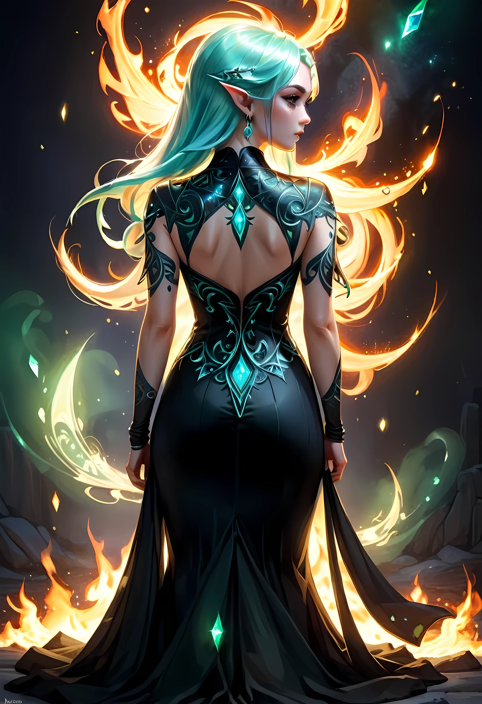 modisn disney, Arafed,  fantasy art, goth art, a picture of a tattoo on the back of a female elf, of  ((glowing: 1.3)) elven magical runes, intricate detailed coming to life,  FireMagicAI, shoot taken from the back, ((the back is visible: 1.3), she wears a transparent black dress, the dress is elegant, flowing, elven style, that the tattoos glow, dynamic hair color, dynamic hair style, crystalline dress