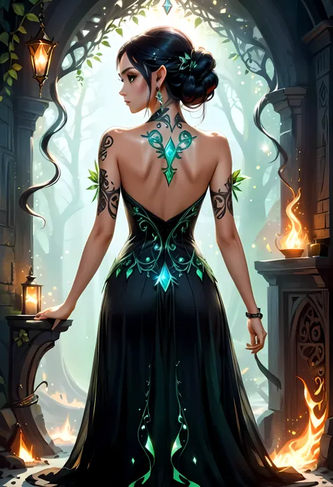 modisn disney, Arafed,  fantasy art, goth art, a picture of a tattoo on the back of a female elf, of  ((glowing: 1.3)) elven mag...