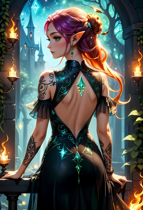 modisn disney, Arafed,  fantasy art, goth art, a picture of a tattoo on the back of a female elf, of  ((glowing: 1.3)) elven mag...
