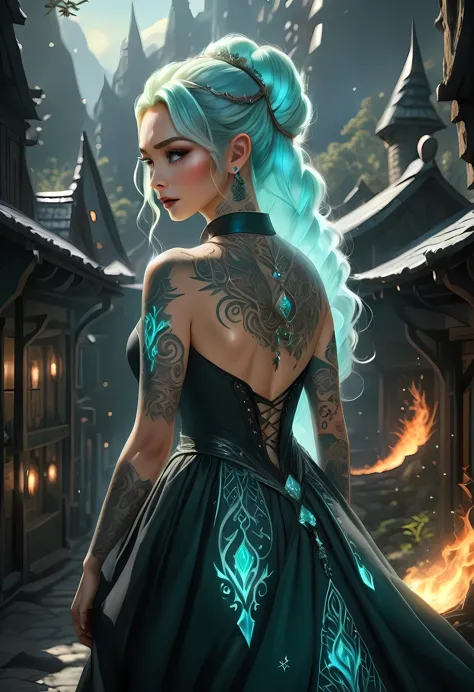 modisn disney, Arafed, Dark fantasy art, fantasy art, goth art, a picture of a tattoo on the back of a female elf, of  ((glowing...