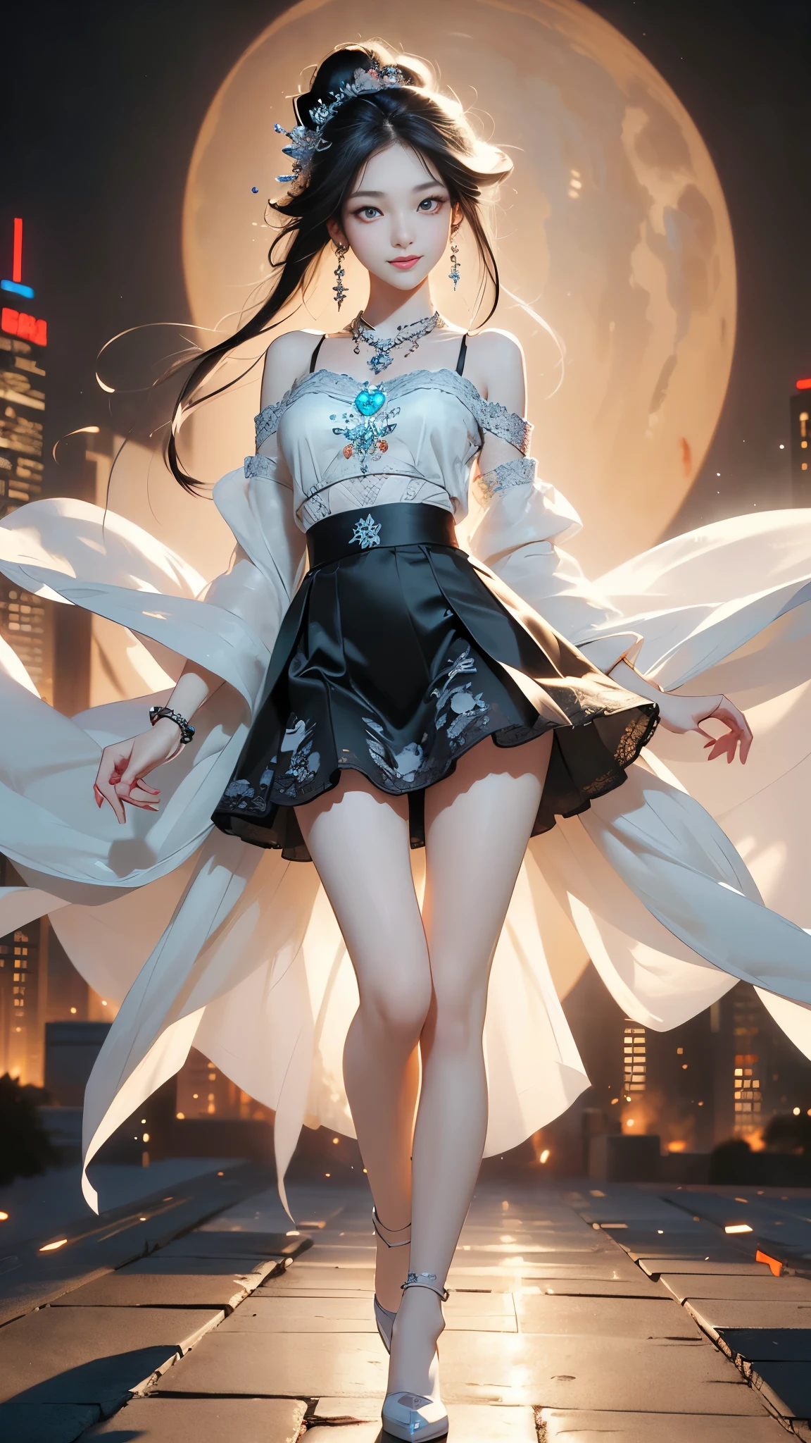 ((knee shot)), 8K, masterpiece, original photo, , best quality, detail:1.2),lifelike, Extremely detailed CG unified 8K wallpapers, Depth of Field, Movie Light, lens flare, Ray Tracing, ((Bare shoulders)), ((The skirt is short)), (Extremely beautiful face, Beautiful lips, beautiful eyes), intricate detail face, ((ultra detailed skin)) 1 girl, in the darkness, Deep Shadows, Beautiful Korean girl, Korean Popular Idols,(Very slim figure:1.3), (A bright smile), (City night, (Neon), (night), White Diamond Earrings, Diameter Bracelet, Dia NeckLace, Black pantyhose, Clear eyes, Walk , front Photo, Facing forward, (big eyes), ((Lace))