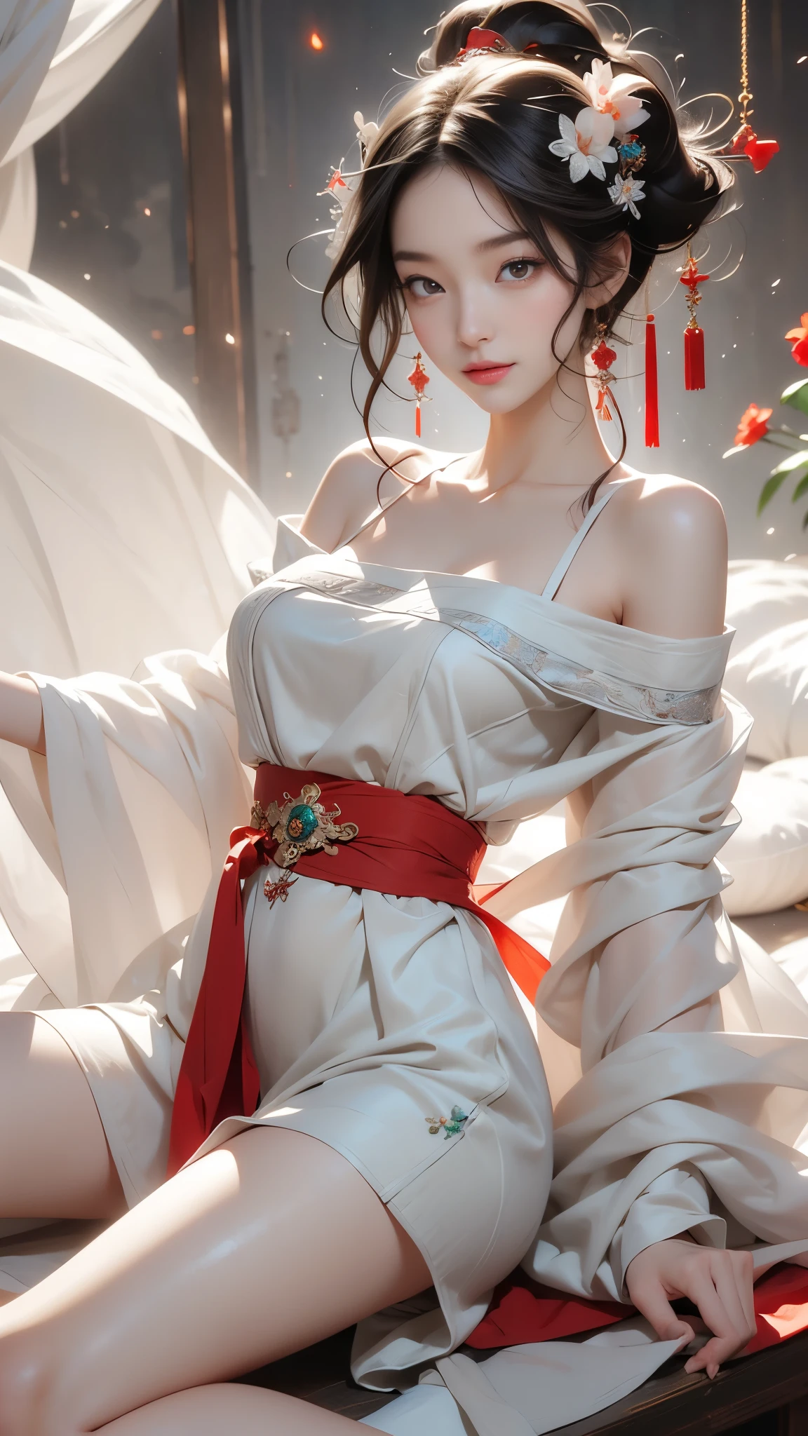 (masterpiece, best quality:1.2), 1 girl, Solitary, ((Bare shoulders, The skirt is short)), Random scenes, Random shooting angles, Sexy models，Slender sexy legs，Very good legs，Show sexy legs，Big breasts, Large Breasts，beautymystery的色彩。脸庞beauty而精致，Otherworldly beauty。The light of wisdom。cherry colored lips，Revealing confidence and composure。The face is well defined，Skin as white as jade，Reveal healthy glow，Light and delicate makeup，Show temperament and charm。Skin transparency，Bright and Vibrant。Charm and sophistication。Clothes fluttering，Action swing。beauty的风景线，Attractive posture。Large Breasts, beauty，grace，mystery，dream。