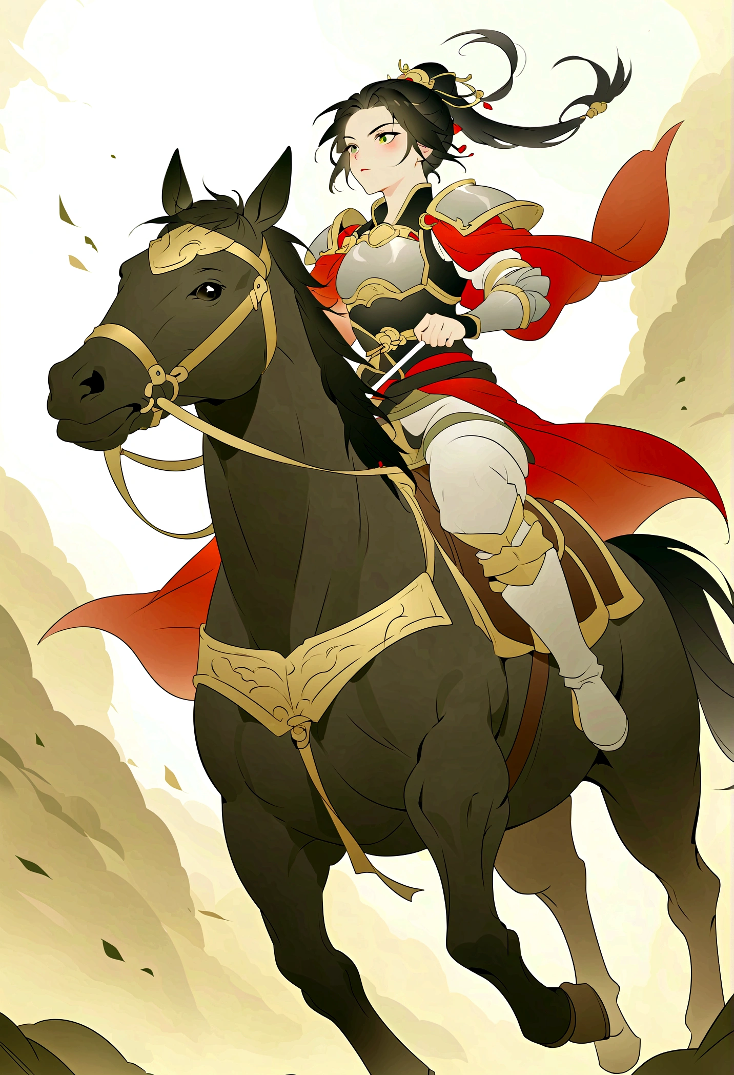 Three Kingdoms, Zhao Zilong, horse riding, Wield a spear, Heroic and fearless, Wearing armor, Behind it is the battlefield,