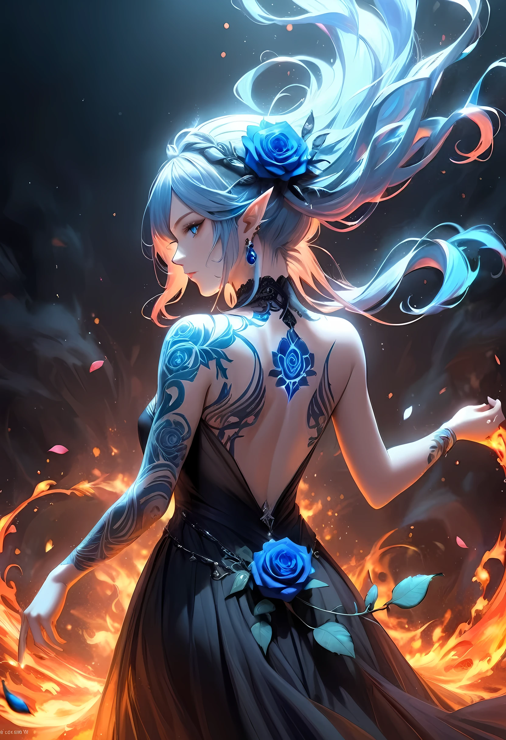 Arafed, Dark fantasy art, fantasy art, goth art, a picture of a tattoo on the back of a female elf,  of  glowing tattoo of a ((blue rose: 1.3)) the rose tattoo is vivid, intricate detailed coming to life rose from the ink to real life, AlchemyPunkAI, ((fire surrounds the rose petals: 1.1)), shoot taken from the back, ((the back is visible: 1.3), she wears a transparent  black dress, the dress is elegant, flowing, elven style, that the tattoos glow, dynamic hair color, dynamic hair style, faize