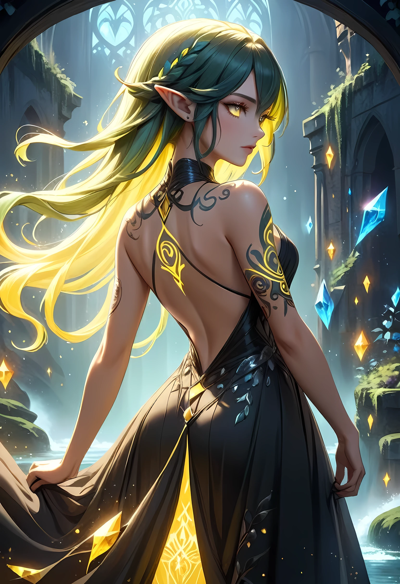 modisn disney, Arafed,  fantasy art, goth art, a picture of a tattoo on the back of a female elf, of  ((glowing: 1.3)) elven magical runes, intricate detailed coming to life,  AlchemyPunkAI, shoot taken from the back, ((the back is visible: 1.3), she wears a transparent black dress, the dress is elegant, flowing, elven style, that the tattoos glow, dynamic hair color, dynamic hair style, crystalline dress