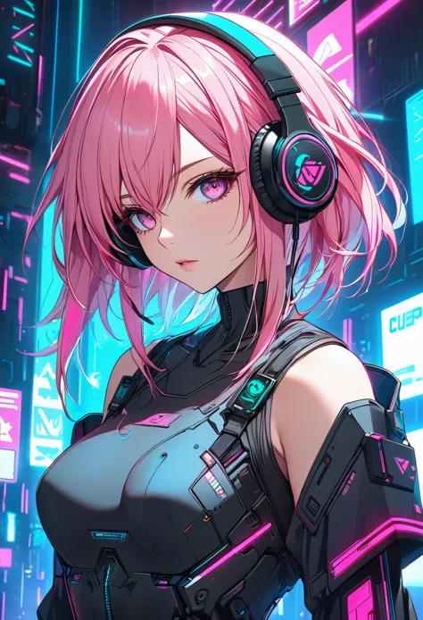 anime girl with pink hair and headphones in front of a neon background, cyberpunk anime girl, best anime 4k konachan wallpaper, ...