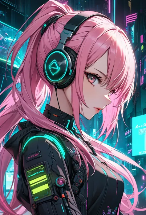 anime girl with pink hair and headphones in front of a neon background, cyberpunk anime girl, best anime 4k konachan wallpaper, ...