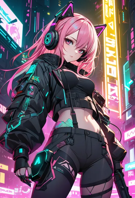 anime girl with pink hair and headphones in front of a neon background, cyberpunk anime girl, best anime 4k konachan wallpaper, ...