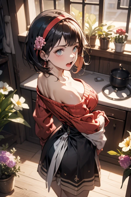 (small breasts:1.3), (perky chest:1.1), (pointed chest:1.0), (flowers magazine cover:1.3)，(from above:1.2),(from side:0.9),masterpiece, a 18yo girl, Amazing Cleavage:1.1, thin waist, big ass, Raised sexy, small breast: 1.3, posed cleavage:1.2, open mouth, have a cute grass of cute beergrass,black hair, dark green eyes, dress, bare shoulders, jewelry, collarbone, sidelocks, hairband, earrings, indoors, off shoulder sweater:1.1, arms behind back, plant, short hair with long locks, gild hairband, off-shoulder dress, sweater dress, off-shoulder sweater, red sweater, dark gord hair, big side hair, very long side hair,is rendered in (masterpiece: 1.2, best quality), with (ultra high resolution) and an exquisite (depth of field). This masterpiece is not only visually stunning but also tells,A scene of cooking in the kitchen by classroom,looking at viewer,
