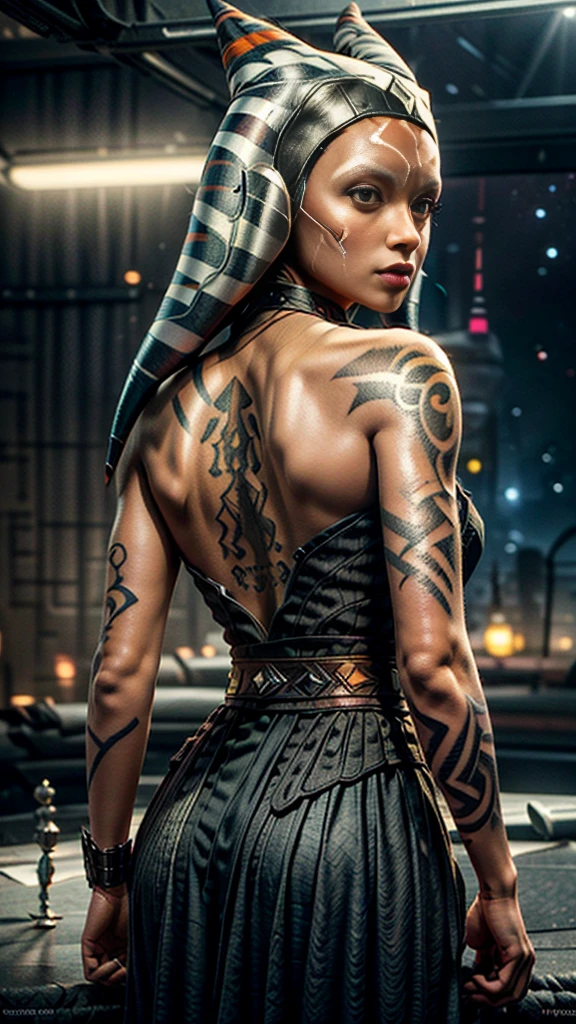 8K, Best Quality, Masterpiece, Ultra High Resolution,(Ultra-detailed face, Eyes wide open:1.3),  (Ahsoka Tano: 1.0), (upper body image:1.3), (looking back to viewer: 1.5),(tattoo on back: 1.5), (highly detailed CG unity 8k wallpaper), (best illustration), (best shadows), isometric 3D , octane rendering, ray tracing, highly detailed, Ahsoka Tano with spacemap tattoo on back, space city background view
