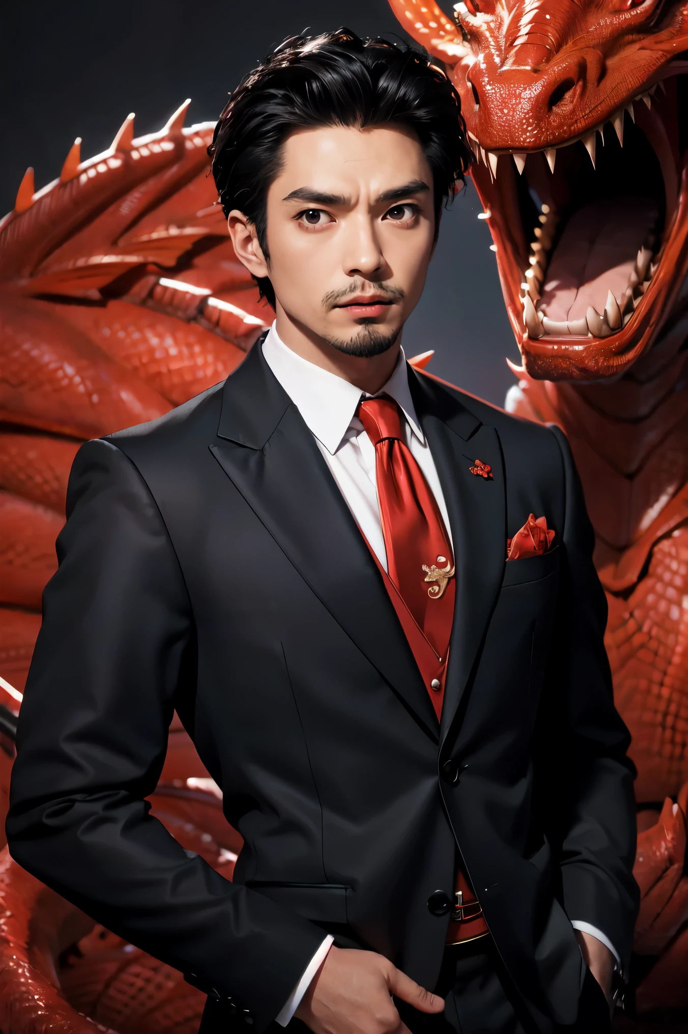 anime man in a suit and tie with a dragon in the background, dragon - inspired suit, by Yang J, human and dragon fusion, handsome japanese demon girl, handsome girl in demon slayer art, epic and classy portrait, trendin on artstation, by Oliver Sin, crimson attire, black and red suit, highly detailed exquisite fanart, handsome female vampire