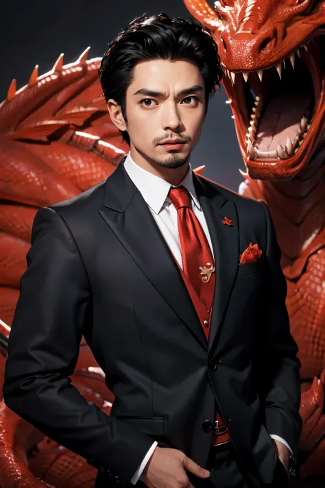 anime man in a suit and tie with a dragon in the background, dragon - inspired suit, by Yang J, human and dragon fusion, handsom...
