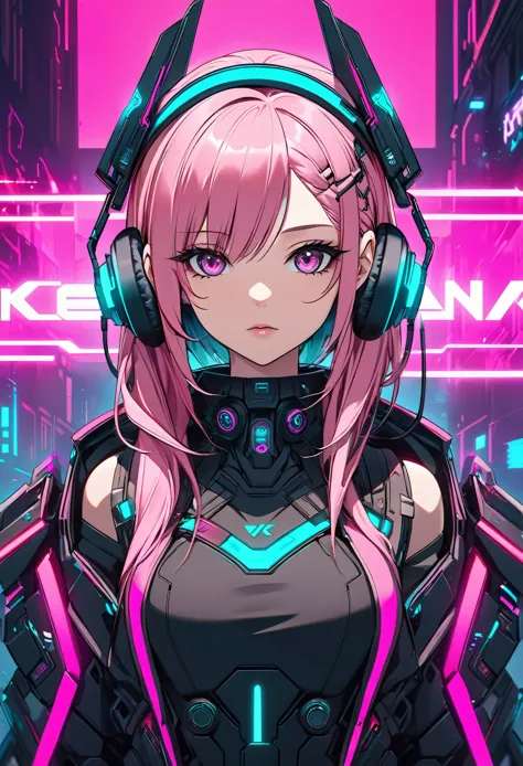 anime girl with pink hair and headphones in front of a neon background, cyberpunk anime girl, best anime 4k konachan wallpaper, ...