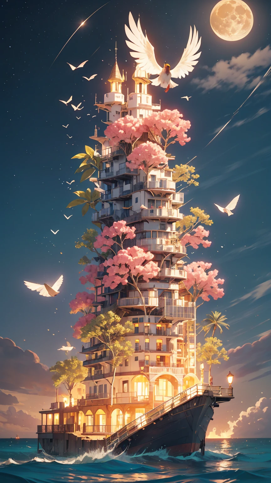 city, Flowers, A delicate scene, null, White cloud, The sun shines on the white beach. bird, pink Flowers and bright big shells, Diamond Crystal, At the Beach, Fantasy, night null, moon, cigarette, fire, photograph, High resolution, 8k, UHigh resolution, Super detailed, high quality, 1080p  