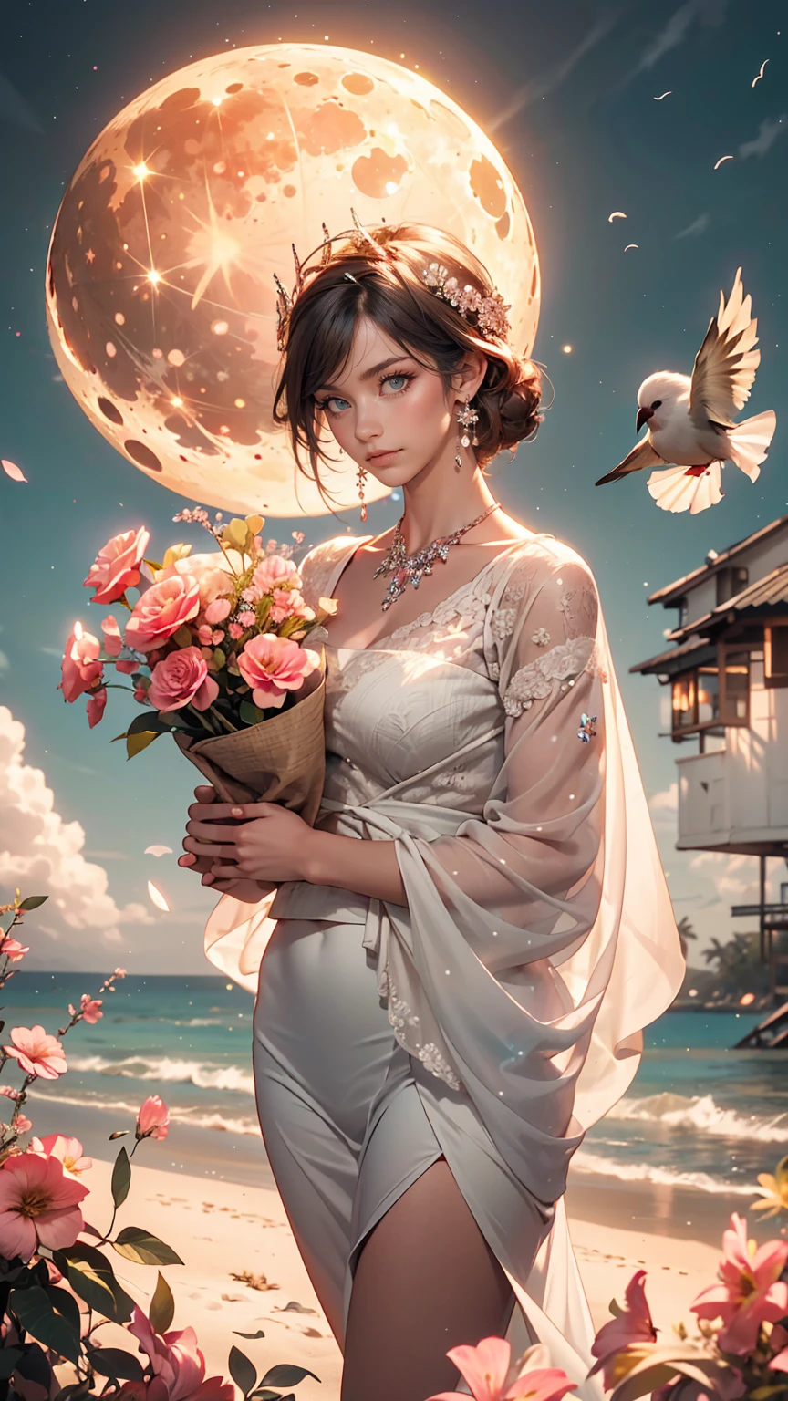 city, Flowers, A delicate scene, null, White cloud, The sun shines on the white beach. bird, pink Flowers and bright big shells, Diamond Crystal, At the Beach, Fantasy, night null, moon, cigarette, fire, photograph, High resolution, 8k, UHigh resolution, Super detailed, high quality, 1080p  