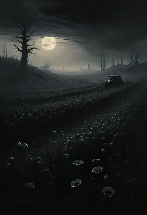 Dark fantasy. poppy field. beautiful cinematic impressionistic painting, gothic, minimalism, psychedelia. dark eerie horror, som...