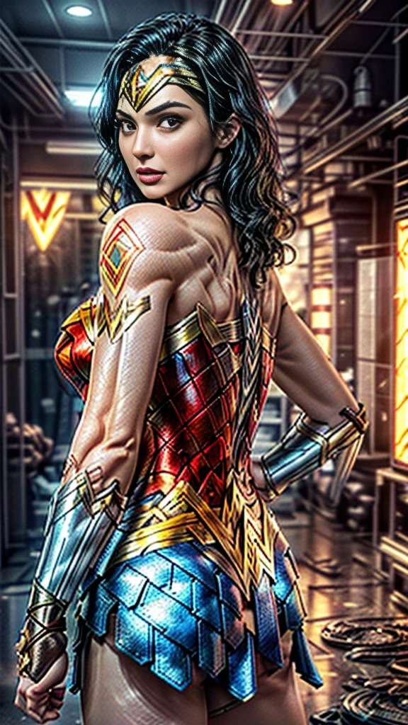 8K, Best Quality, Masterpiece, Ultra High Resolution,(Ultra-detailed face, Eyes wide open:1.3), (Wonder woman: 1.5), (upper body image:1.3), (looking back to viewer: 1.5),(tattoo on back: 1.5), (highly detailed CG unity 8k wallpaper), (best illustration), (best shadows), isometric 3D , octane rendering, ray tracing, highly detailed, Wonder woman with spacemap tattoo on back, space city background view
