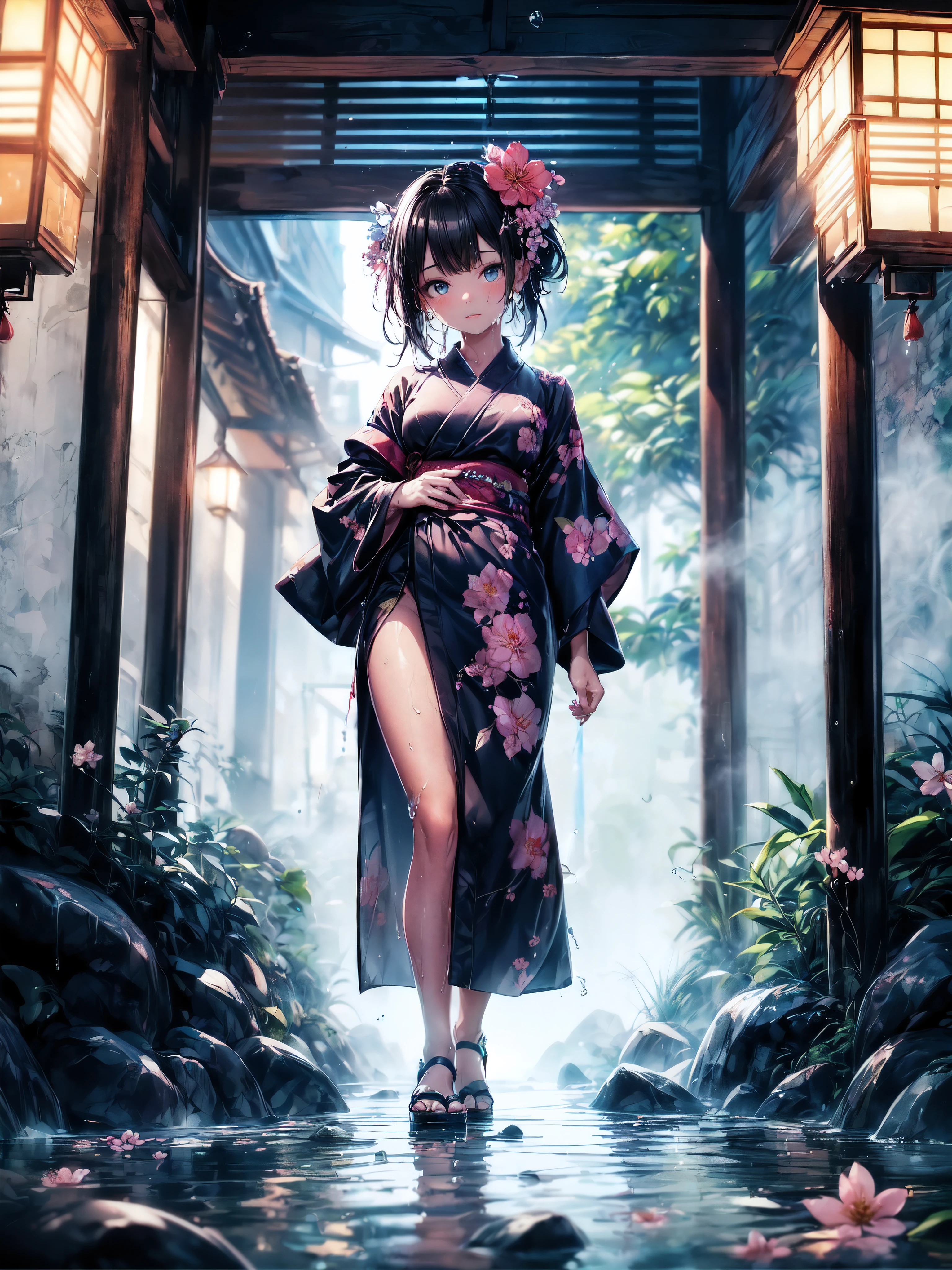 (tout le corps), (Une fillette de 7 ans:1.2), (Très jeune petite fille), changement, (seulement), (petite poitrine), (grand angle), photo brute, Esthétique, Convoluté, Récompensé, clair-obscur, Meilleure qualité, contexte détaillé, (atmosphère brumeuse:1.2), (dure journée de pluie:1.1),((Fille en kimono de coton noir:1.2)), grand kimono en coton noir, grand kimono noir avec une texture en coton, très longue manche kimono noire, meilleures rides, De vraies rides, Meilleures ombres, (mouillé, mouillé body, mouillé hair, mouillé skin, very mouillé black kimono, reflection on the mouillé kimono, broderie délicate de fleurs de cerisier, de subtiles gouttelettes d&#39;eau:1.15), (pulvérisateur d&#39;eau:1.1), (Kimono en tissu, meilleure ride de kimono, Enveloppement de mucus transparent), (Parcourez le (Brume sombre Jardin Zen)), (emplacement réel), yeux délicats et beaux, Pose décontractée, Textures détaillées, posant, (corps anatomiquement correct, Visage détaillé, (kimono aux textures très détaillées avec motif floral), (cheveux noirs), cheveux volumineux, ornement de cheveux, Couleurs vives, Expression calme, regarde le spectateur, paysage paisible, sensation de propreté et de fraîcheur, De l’eau belle et détaillée