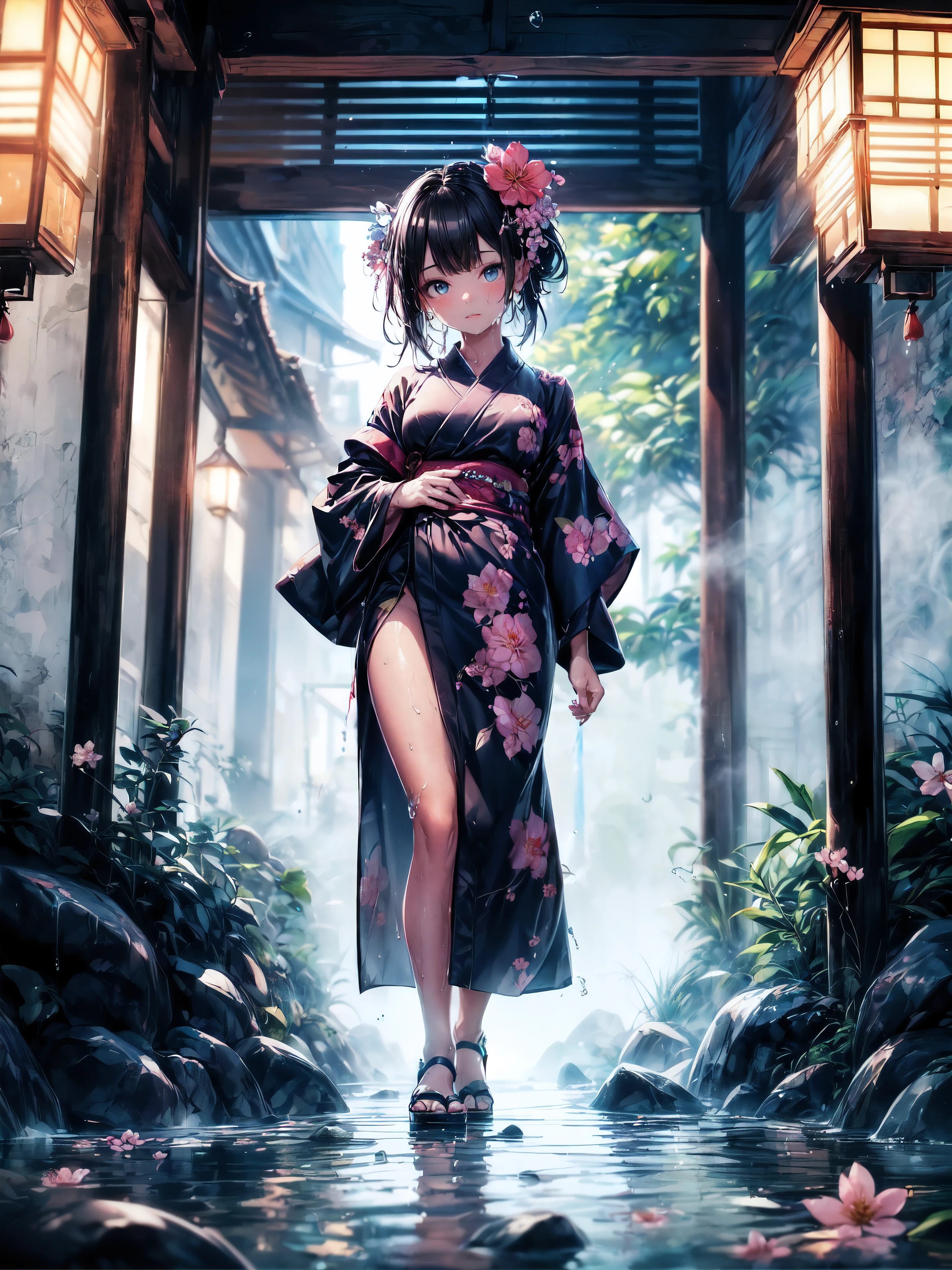 (full body), (A :1.2), (very young little girl), , (Solo), (small breast), (wide angle), raw photo, Aesthetic, Convoluted, Awarded, chiaroscuro, Best Quality, Detailed background, (Misty atmosphere:1.2), (hard rainy day:1.1),((Girl in black cotton kimono:1.2)), large black cotton kimono, large black kimono with a cotton texture, very long black kimono sleeve, best wrinkles, real wrinkles, best shadows, (wet, wet body, wet hair, wet skin, very wet black kimono, reflection on the wet kimono, delicate cherry blossom embroidery, subtle water droplets:1.15), (water spray:1.1), (Cloth kimono, best kimono wrinkle, Transparent mucus wrapping), (Walk through the (Mist dark Zen Garden)), (Real location), Delicate and beautiful eyes, Casual pose, Detailed textures, Posing, (Anatomically correct body, detailed face, (very detailed textures kimono with floral pattern), (black hair), Voluminous hair, Hair Ornament, vivid colors, calm expression, look at viewer, peaceful scenery, clean and fresh feeling, Beautiful and detailed water