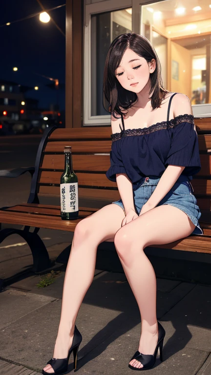 8k, highest quality, （The beauty of pubic hair）、Very short stature，High resolution, Realistic, Real person、Downtown at night、I got drunk and fell asleep on the bench..、Drunk, Her legs are wide open、Lace underwear is visible.、Denim mini skirt、Beautiful legs、High heels、Holding a bottle of sake