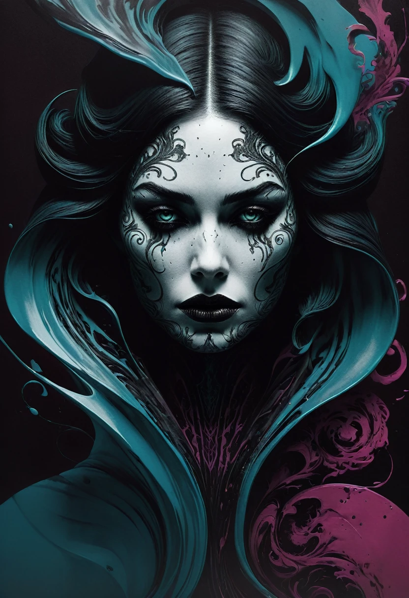 Concept art of a female horror character, enshrouded in flowing black ink that merges with her form, exuding an enigmatic and sophisticated presence. the image is photorealistic and detailed, reminiscent of a fluid gouache painting with calligraphic flourishes. the scene is lit with a combination of natural and volumetric lighting that casts dramatic highlights and shadows, emphasizing the complexity of the design. the style is fantastical and maximalist, with a mysterious and elegant atmosphere akin to a high-resolution professional photo. the background features a vibrant three-color gradient of teal, magenta, and gold, adding depth and variation to the composition.
