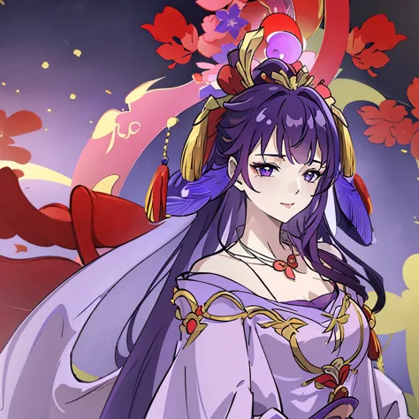 Best quality at best, Ultra-high resolution, (((1 girl))), (Long purple hair), (violet eyes), (((( Red Chinese wedding clothes))...