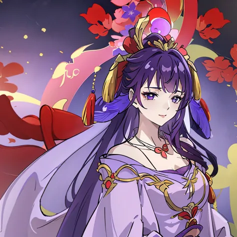 best quality at best, ultra-high resolution, (((1 girl))), (long purple hair), (violet eyes), (((( red chinese wedding clothes))...