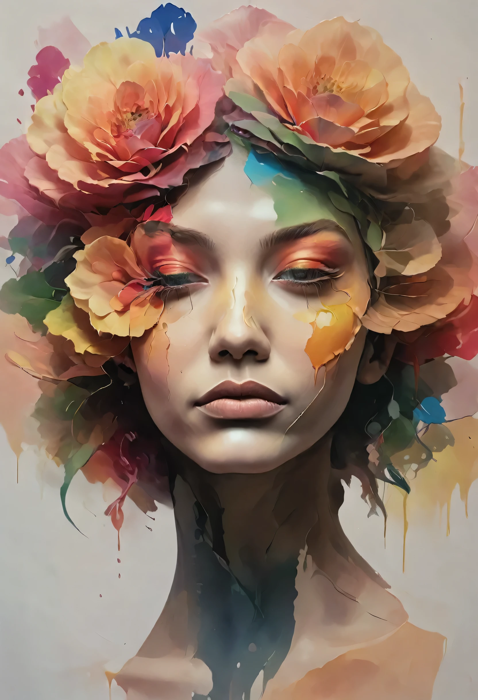 Portrait of a woman with her head and eyes hidden by roses、Close-up、Only the nose and lips are drawn、Roses of many colors、My eyes and head are covered with roses、Smiling lips、Artistic、Oil Paint、Masterpiece、highest quality、chaos、Daydreaming、Think outside the box、Flower head、