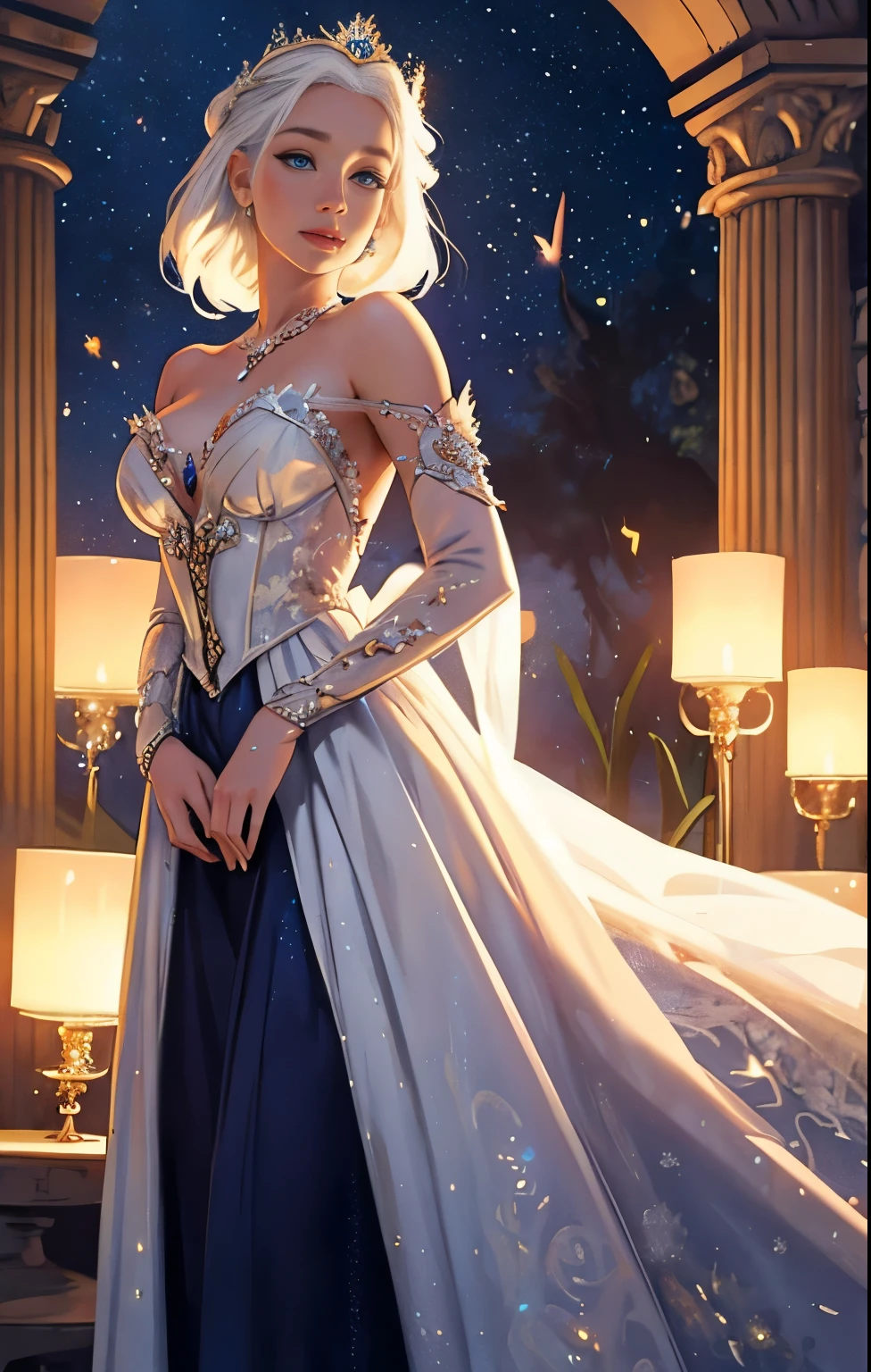 Princesa Targaryen, jardins, vagalumes, mágico, parece Lauren Jerman, gracioso, cabelos brancos esvoaçantes, em vestido do século 16 cravejado de diamantes em tecido com ombros abertos, seios grandes, lindos olhos índigo, rosto delicado, na altura da cintura, alta definição