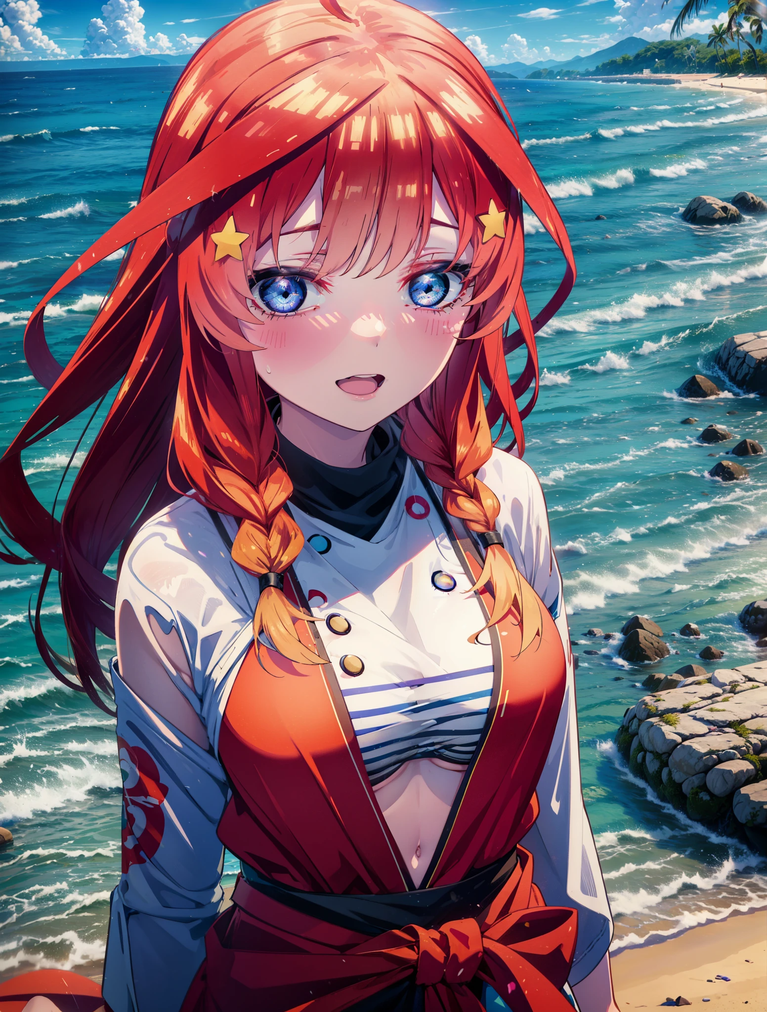 itsukinakano, Itsuki Nakano, bangs, blue eyes, Hair between the eyes, Ahoge, Redhead, star \(symbol\), hair ornaments, star hair ornaments,Big Breasts,Long braids,happy smile, smile, Open your mouth,Belly button,Red Bikini Swimsuit,Bare Belly,A long, light red cloth is wrapped around her waist., barefoot,(Beach salon),  Big Breasts,((salon)), Beach outfit,Real Summer,Palm tree,whole bodyがイラストに入るように,Looking down from above,
break outdoors, Beach,
break looking at viewer, whole body,
break (masterpiece:1.2), highest quality, High resolution, unity 8k wallpaper, (shape:0.8), (Beautiful and beautiful eyes:1.6), Highly detailed face, Perfect lighting, Highly detailed CG, (Perfect hands, Perfect Anatomy),