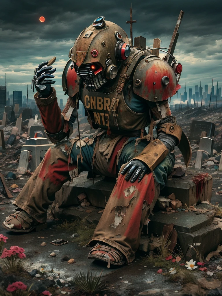 wasteland，A very poor old mech sitting on a rock thinking，Thinker，Hand on cheek，(Sitting:1.2)，rust，Wearing tattered armor，The skyline in the distance，Gothic，moss，(A small white flower)，(Cemetery)，Gothic教堂，(Blood red moon)，Gothic元素，wildfires，cold，gloomy