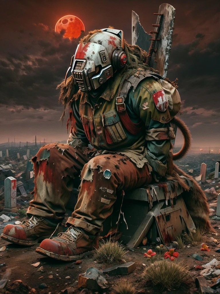 wasteland，A very poor old mech sitting on a rock thinking，Thinker，Hand on cheek，(Sitting:1.2)，rust，Wearing tattered armor，The skyline in the distance，Gothic，moss，(A small white flower)，(Cemetery)，Gothic Church，(Blood red moon)，Gothic Elements，wildfires，cold，gloomy