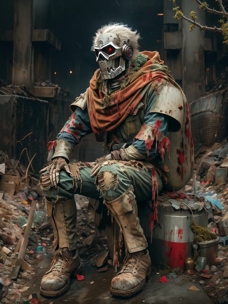 wasteland，A very poor old mech sitting on a rock thinking，Thinker，Hand on cheek，(Sitting:1.2)，rust，Wearing tattered armor，The skyline in the distance，Gothic，moss，(A small white flower)，(Cemetery)，Gothic教堂，(Blood red moon)，Gothic元素，wildfires，cold，gloomy