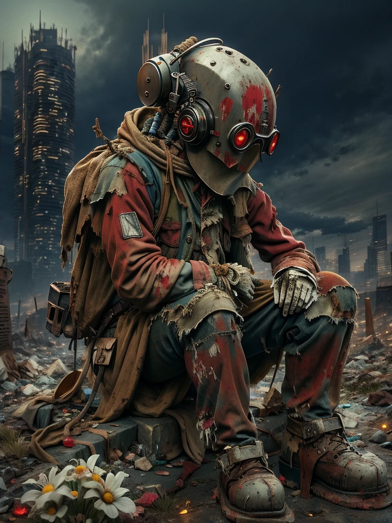 wasteland，A very poor old mech sitting on a rock thinking，Thinker，Hand on cheek，(Sitting:1.2)，rust，Wearing tattered armor，The skyline in the distance，Gothic，moss，(A small white flower)，(Cemetery)，Gothic教堂，(Blood red moon)，Gothic元素，wildfires，cold，gloomy