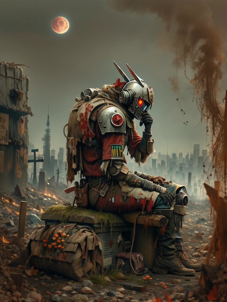 wasteland，A very poor old mech sitting on a rock thinking，Thinker，Hand on cheek，(Sitting:1.2)，rust，Wearing tattered armor，The skyline in the distance，Gothic，moss，(A small white flower)，(Cemetery)，Gothic教堂，(Blood red moon)，Gothic元素，wildfires，cold，gloomy