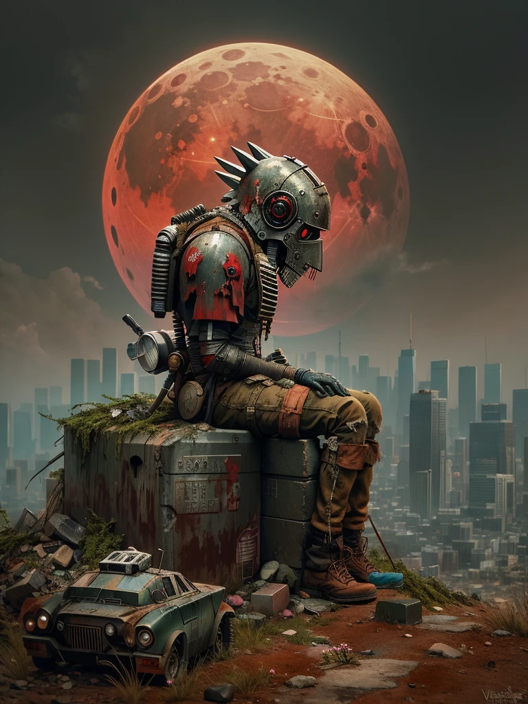 wasteland，A very poor old mech sitting on a rock thinking，Thinker，Hand on cheek，(Sitting:1.2)，rust，Wearing tattered armor，The skyline in the distance，Gothic，moss，(A small white flower)，(Cemetery)，Gothic教堂，(Blood red moon)，Gothic元素，wildfires，cold，gloomy