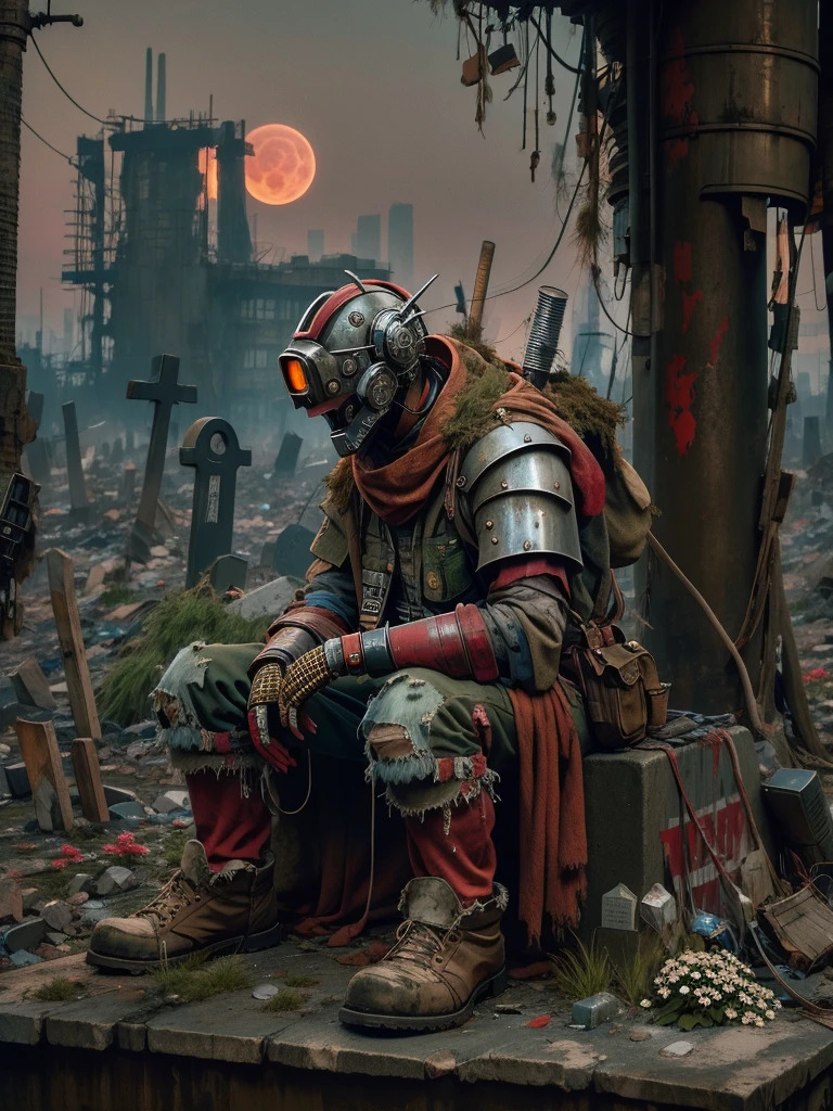 wasteland，A very poor old mech sitting on a rock thinking，Thinker，Hand on cheek，(Sitting:1.2)，rust，Wearing tattered armor，The skyline in the distance，Gothic，moss，(A small white flower)，(Cemetery)，Gothic Church，(Blood red moon)，Gothic Elements，wildfires，cold，gloomy