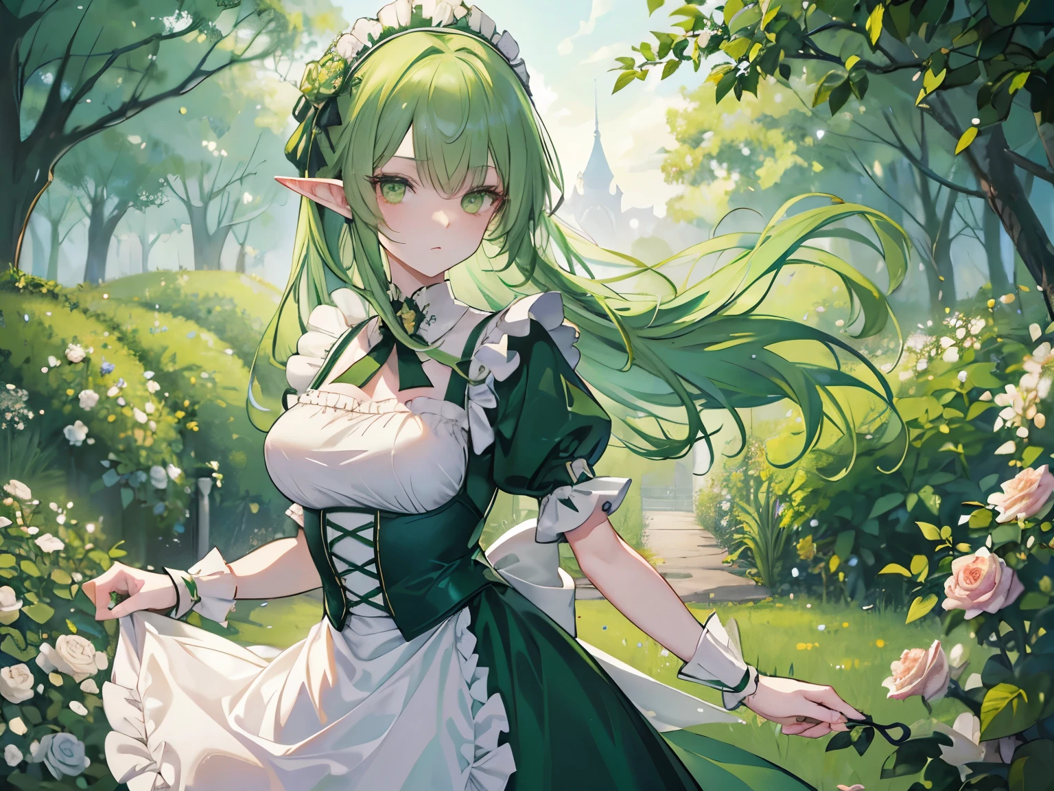 green hair, medium hair, floating hair, big hair, eyeball, green eyes, high detailed eyes, long pointy ears, anime, by Alfons Mucha, blending, masterpiece, accurate, textured skin, best quality, highres, super detail, 8k,elf, mature lady, maid, Maid outfit, frilly apron, (Rose Garden)