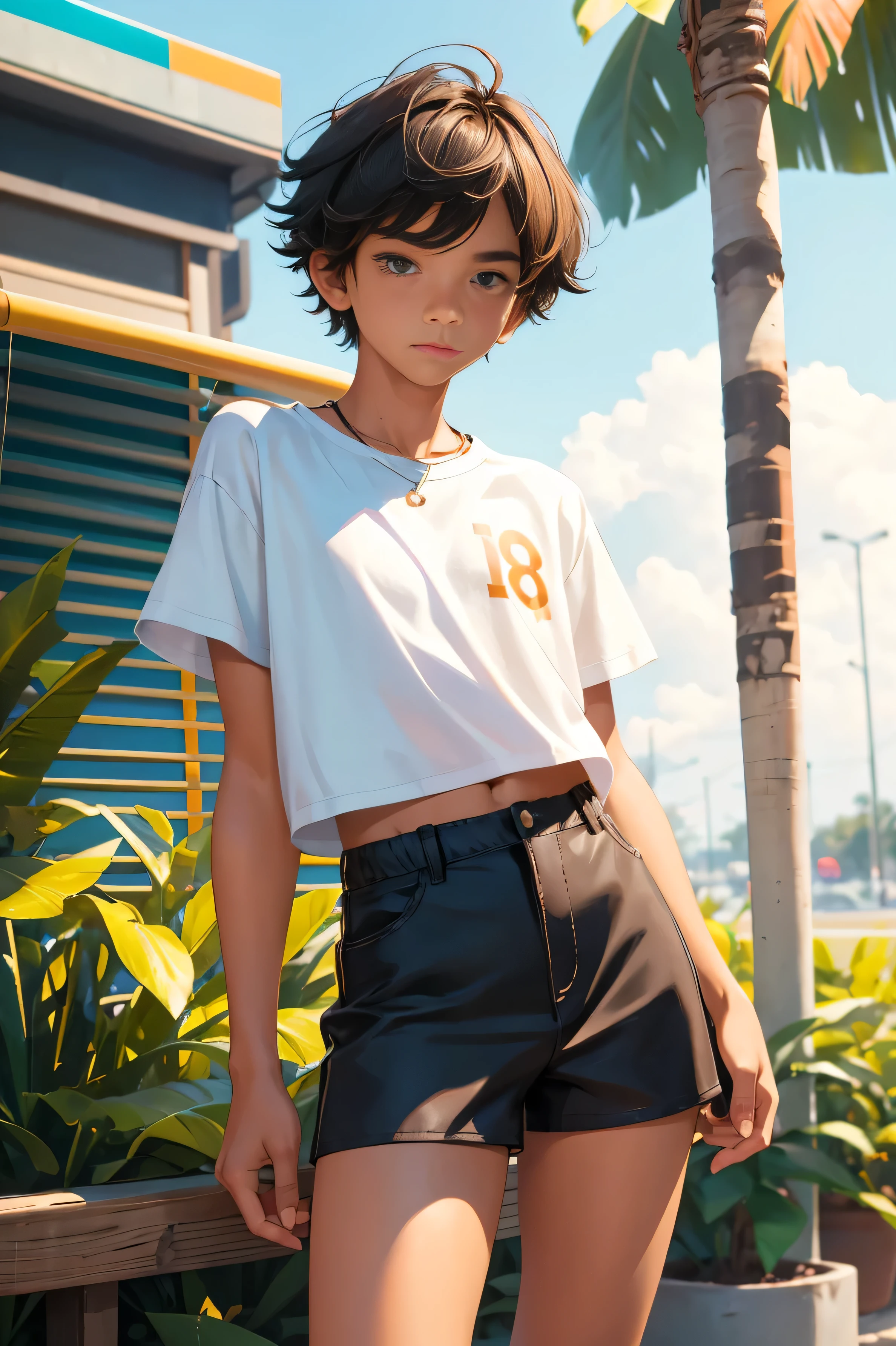 Teen boy , beautiful teen boy is wearing a cropped shirt and too very much short mini shorts, the boy's legs are beautiful, tanned, bangs, flirty posing, hot summer, top quality,