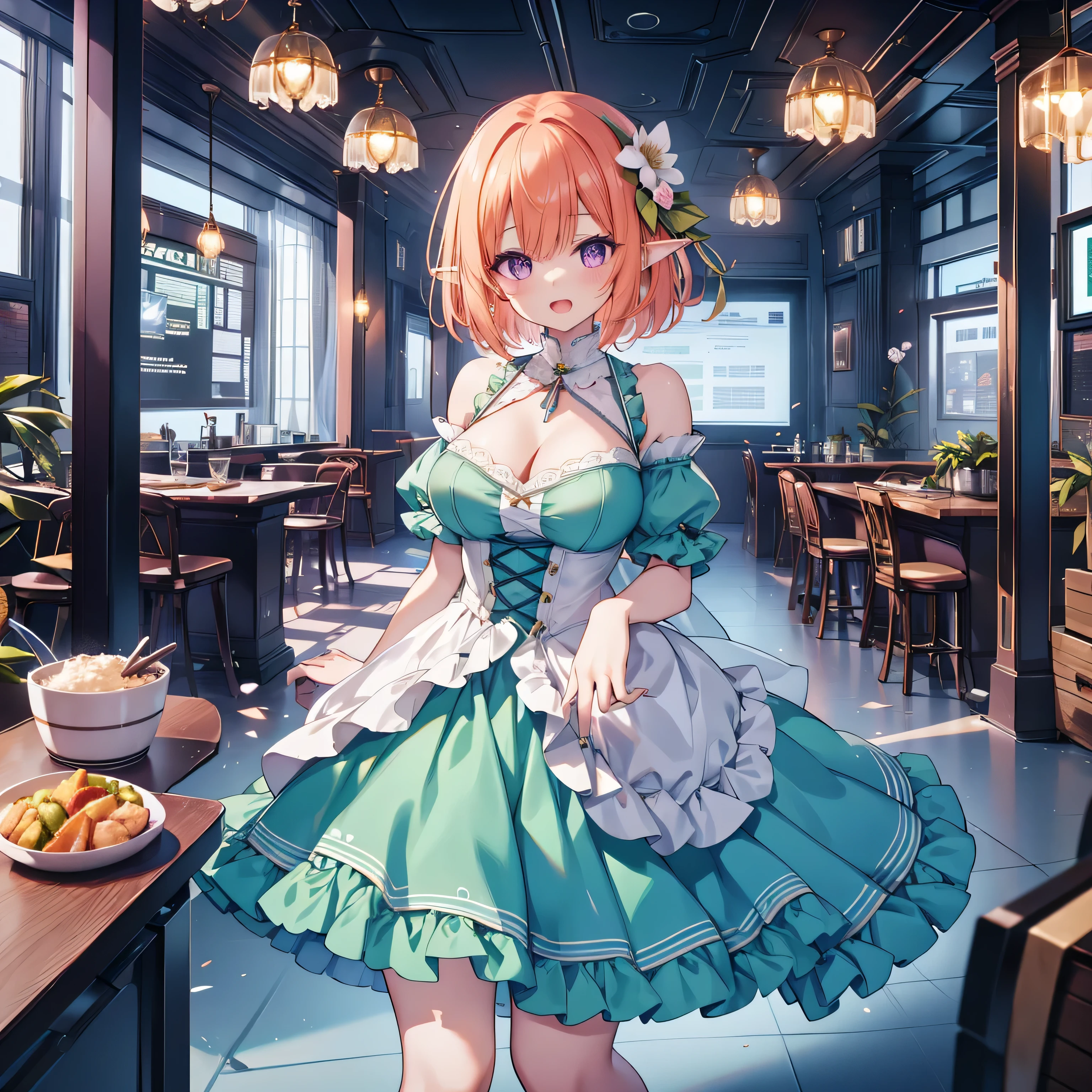 Love game opening, {{{One Girl}}}, Elf Ears, Beautiful detailed girl, Game CG, Spring flower, 1 outer curl, Short Bob Hair, Pastel orange hair, Purple eyes,Stylish accessories solo, breast enhancement, Medium Shoot, woman, Take-out, Laughter, huge ,,Checkered pastel green flared skirt,Black Knee High, {{{{{Wearing a pastel green dress}}}}},Open your mouth, Daytime Classroom, wonderful, Beautiful fine details, highest quality, Very delicate,Masseter muscle area,highest quality,(Official Art、highest quality、Unity 8k wallpaper、32k、masterpiece、Ultra-detailed、超A high resolution、Realistic、Photorealistic:1.2)、(Cinema Lighting:1.2)、Fire Glow Effect、The most grainy shadows on the film、Side light、Side Shot、(Ultra-detailed and intricate 3D rendering)、Open Mouth Smile,