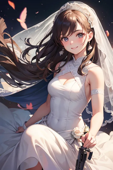 Pilot in a wedding dress,Wedding,destruction,{background:1.3 Her Mobile Weapon},smile,realistic,{perfection},{perfectionな顔},{{Su...