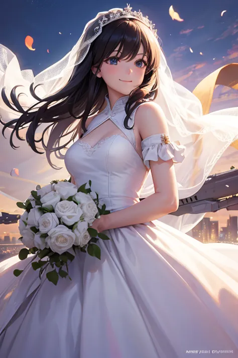 pilot in a wedding dress,wedding,destruction,mobile weapon on hand,smile,realistic,{perfection},{perfectionな顔},{{super detailed}...