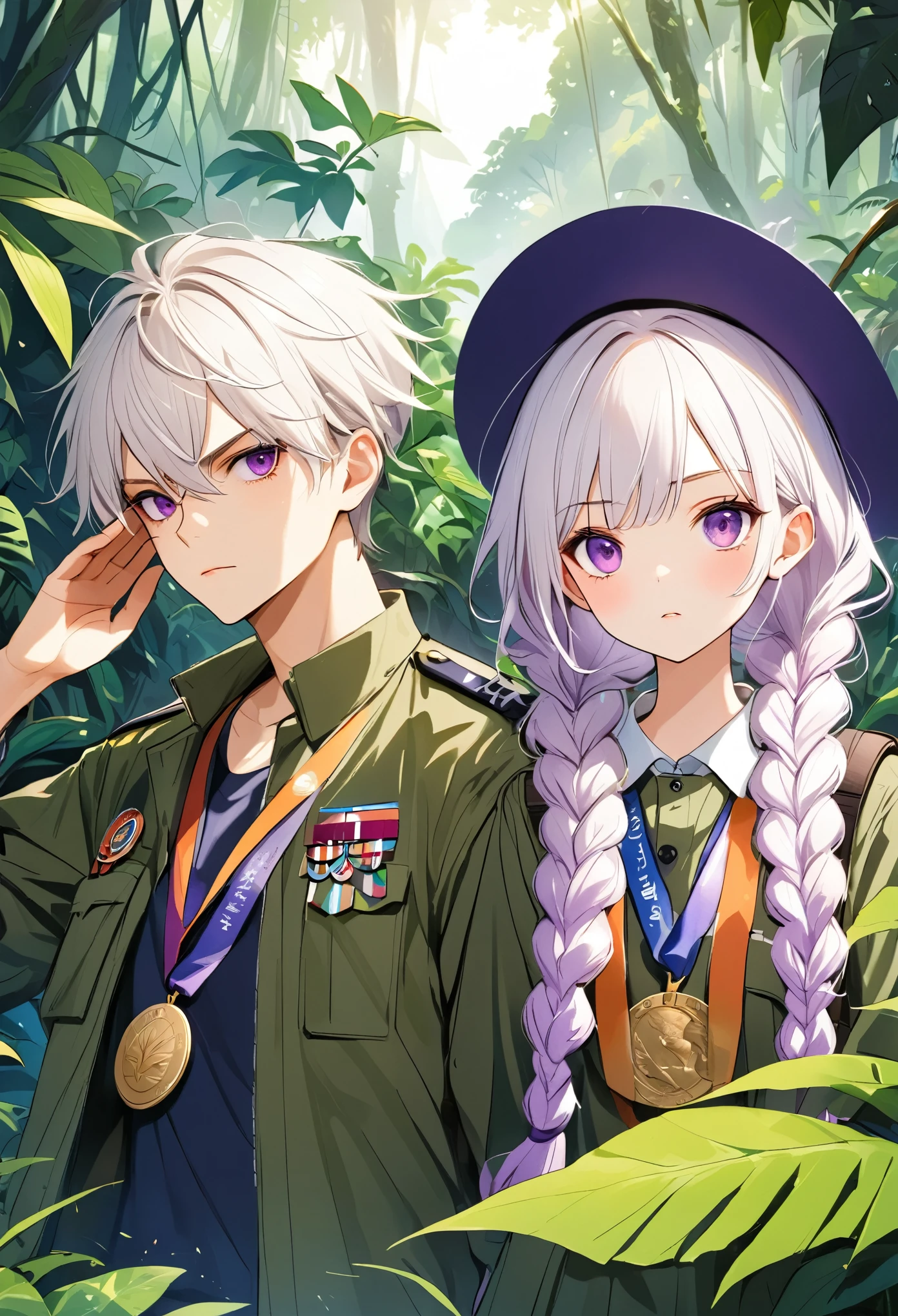 Vector illustration，A cool young couple，Serious， official，Purple Eyes，girl，Purple Eyes，White hair-purple-long braids。 disguise，medal，jungle，vegetation，Lush，On-site SOS，salute，