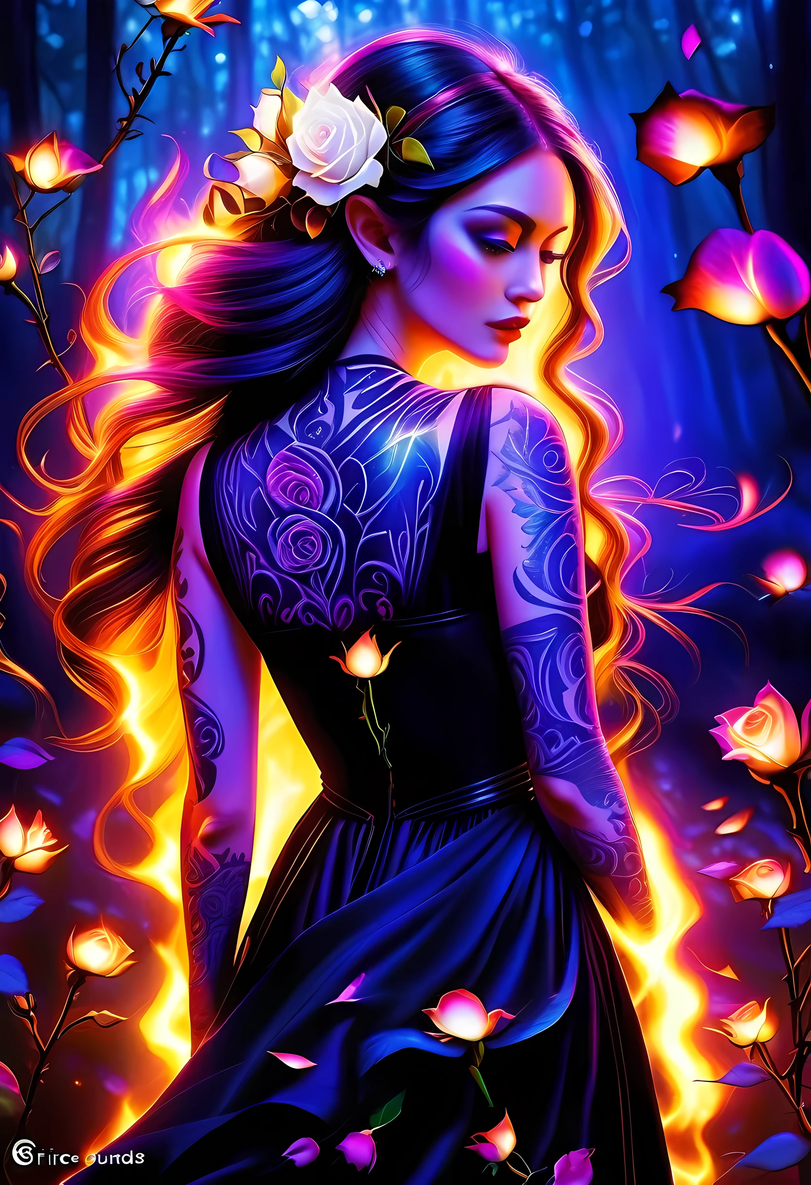 Arafed, Dark arte de fantasia, arte de fantasia, arte gótica, a picture of a tattoo on o back of a female elf, uma tatuagem brilhante de um ((Rosa Branca: 1.3)) o ((tatuagem de rosa)) is vivid, intricate detailed coming to life from o ink to real life, GlowingRunesAI_roxo, ((fire surrounds o rose petals: 1.5)), shoot taken from o back, ((o back is visible: 1.3), ela usa um vestido preto transparente, o dress is elegant, fluindo, Estilo élfico, that o tattoos glow, cor de cabelo dinâmica, estilo de cabelo dinâmico, faize, 