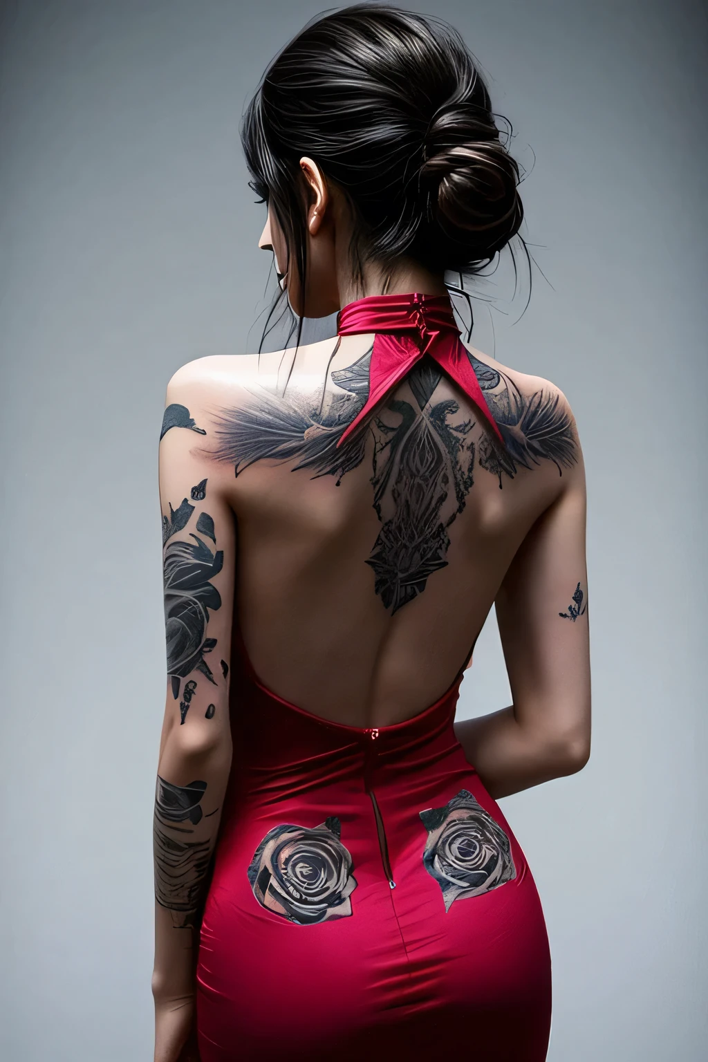 Woman's back view in a halter neck dress has a single rose tattooed on her back