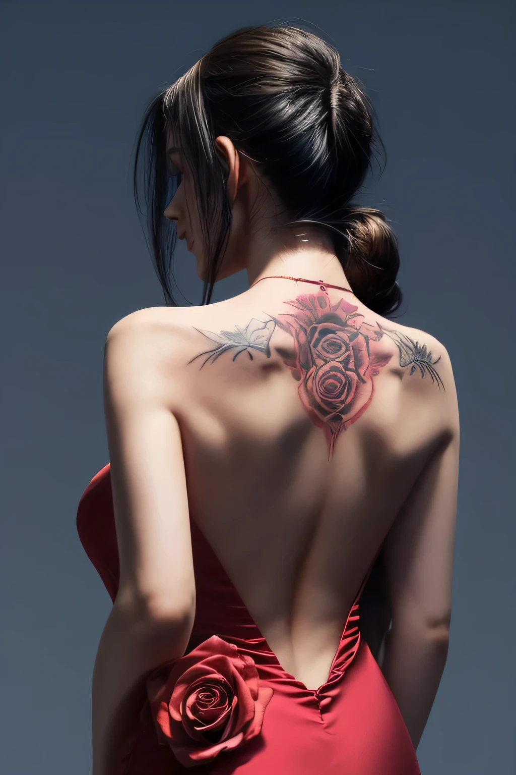 Woman's back view in a halter neck dress has a single rose tattooed on her back