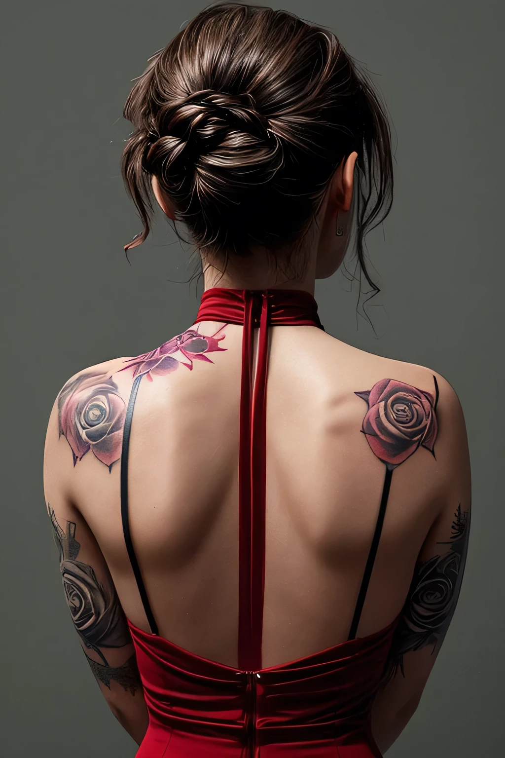 Woman's back view in a halter neck dress has a single rose tattooed on her back