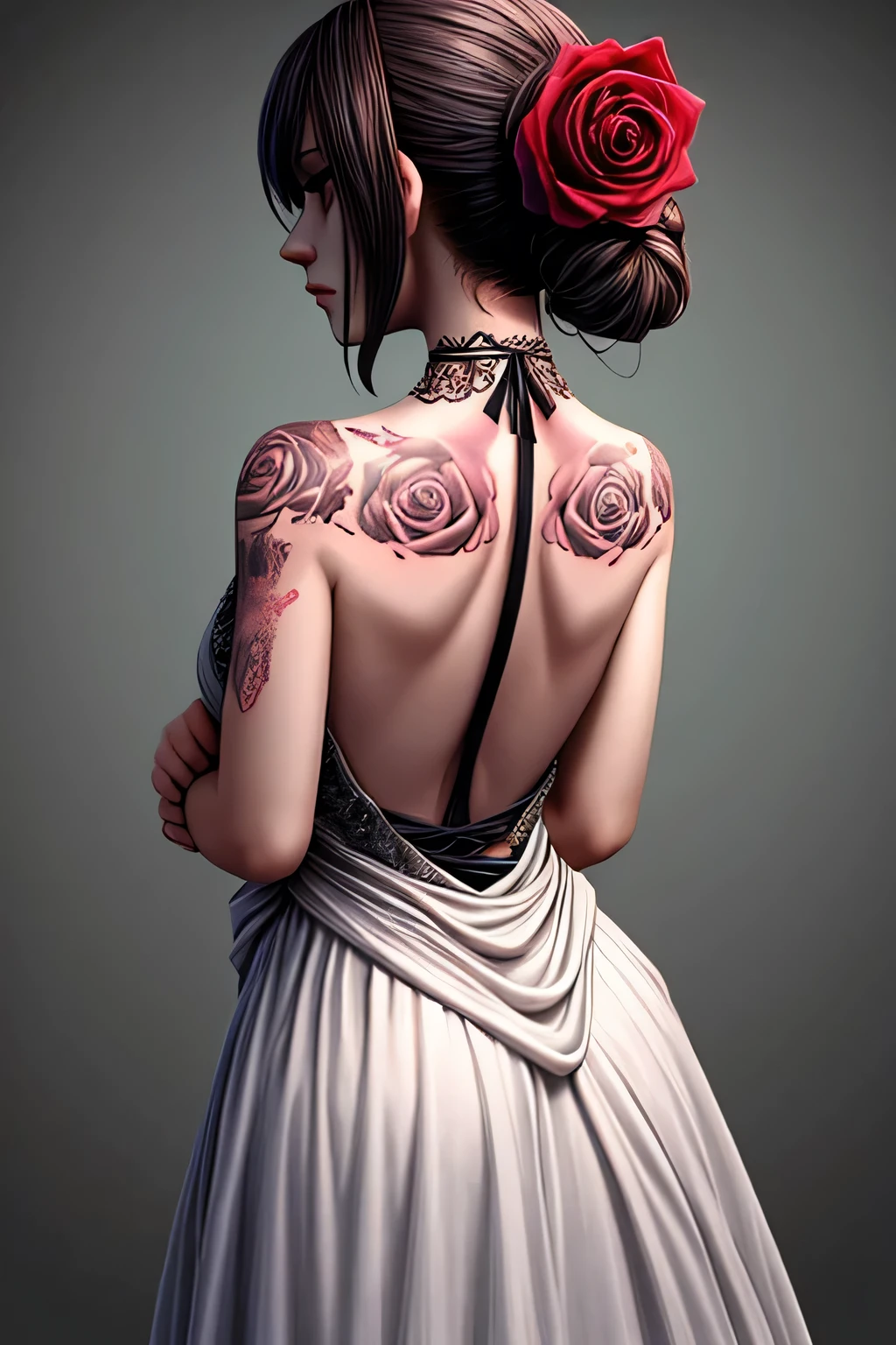 Vue de dos d&#39;une femme vêtue d&#39;une robe dos nu avec une seule rose tatouée sur le dos