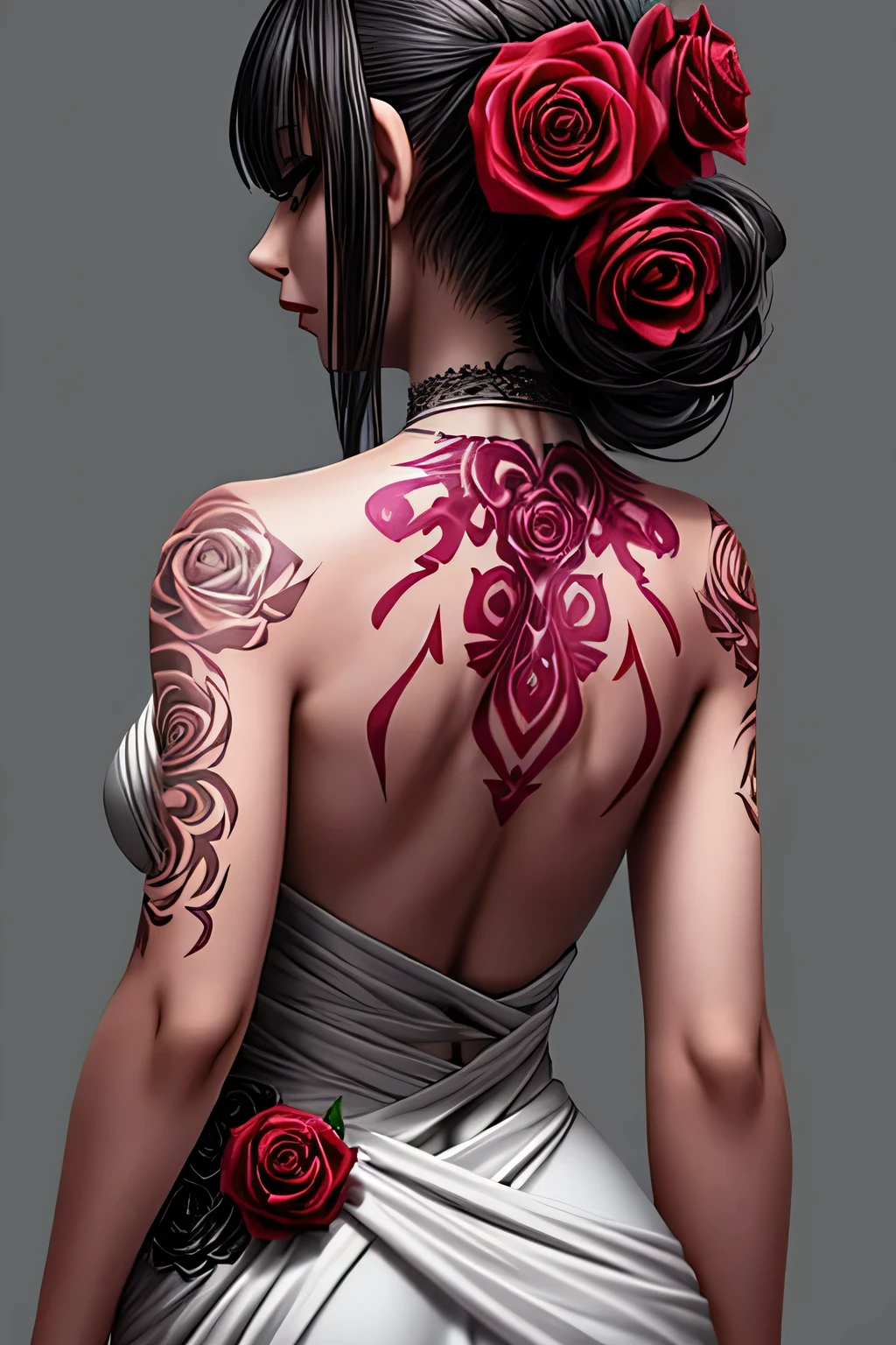 Woman's back view in a halter neck dress has a single rose tattooed on her back